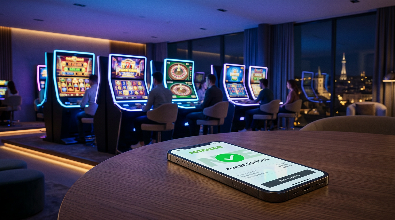 Moderní herní prostředí s digitální platbou Neteller na smartphonu.
