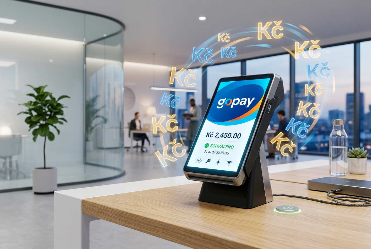 Moderní digitální platební terminál s logem GoPay a českými korunami