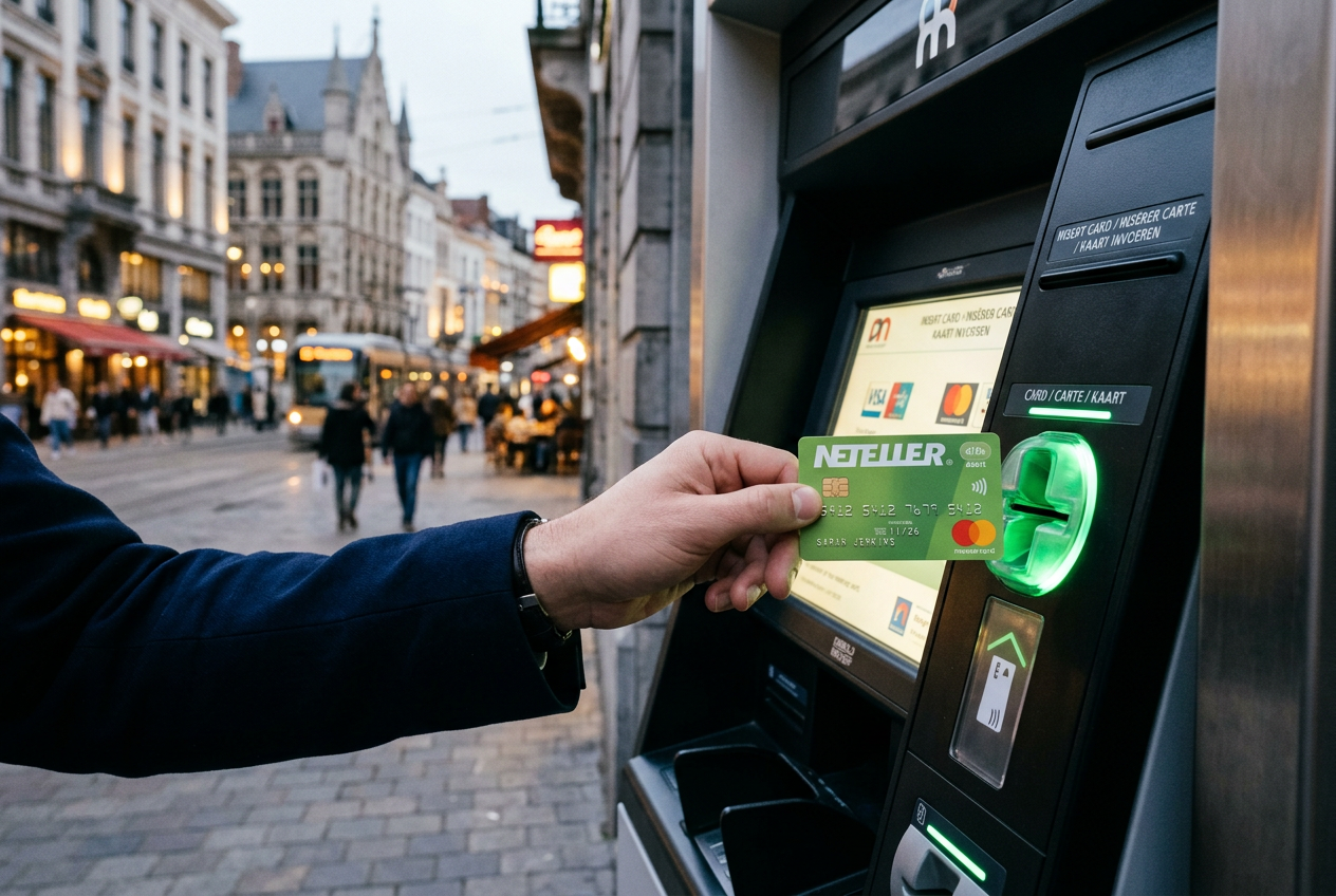 Detailní záběr na kartu Neteller Mastercard u bankomatu v moderním městském prostředí.